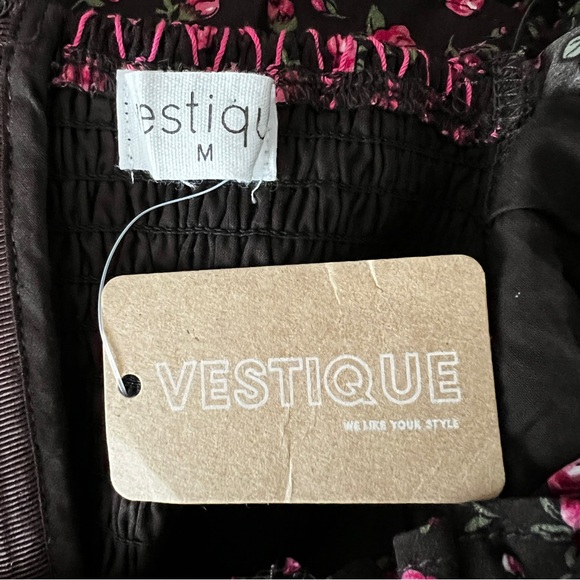 VESTIQUE Dark Brown Floral Meet in Middle Mini Dress Smocking Puff Sleeve M NWT - Picture 6 of 9